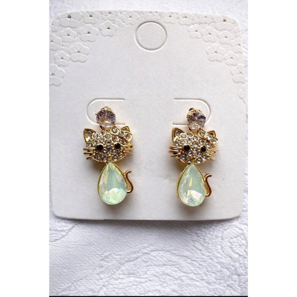 HELLO KITTY Green Gold-Tone Rhinestone Stud Dangle Earrings Colorful NEW